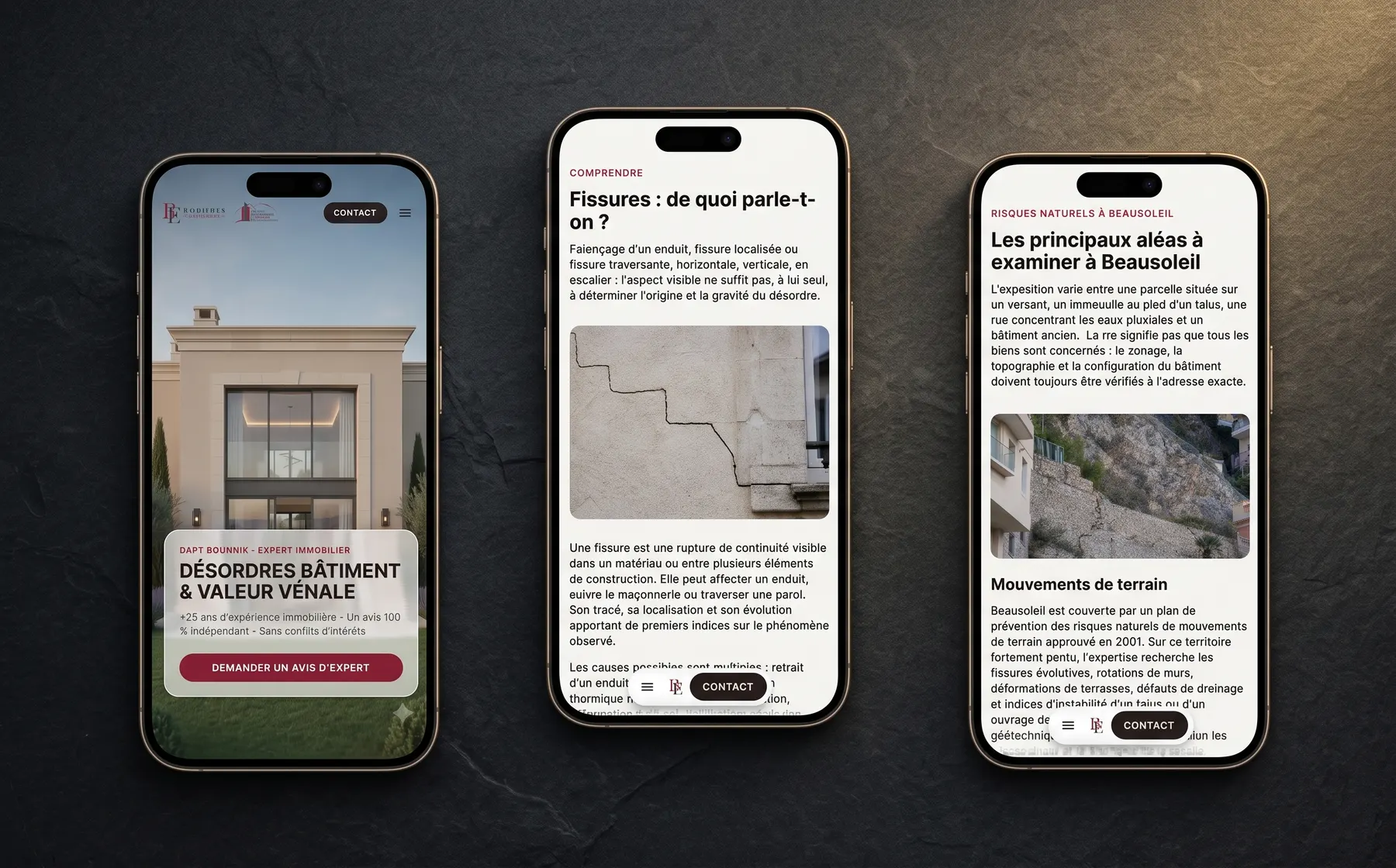 Le site sur mobile : la page d'accueil, une page de pathologie du bâti et une page de commune, affichées sur trois iPhone.