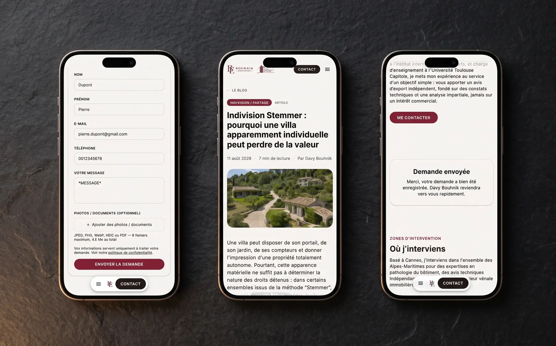 Le formulaire de contact sur mobile : champs remplis, ajout de photos et documents, et écran de confirmation après envoi.