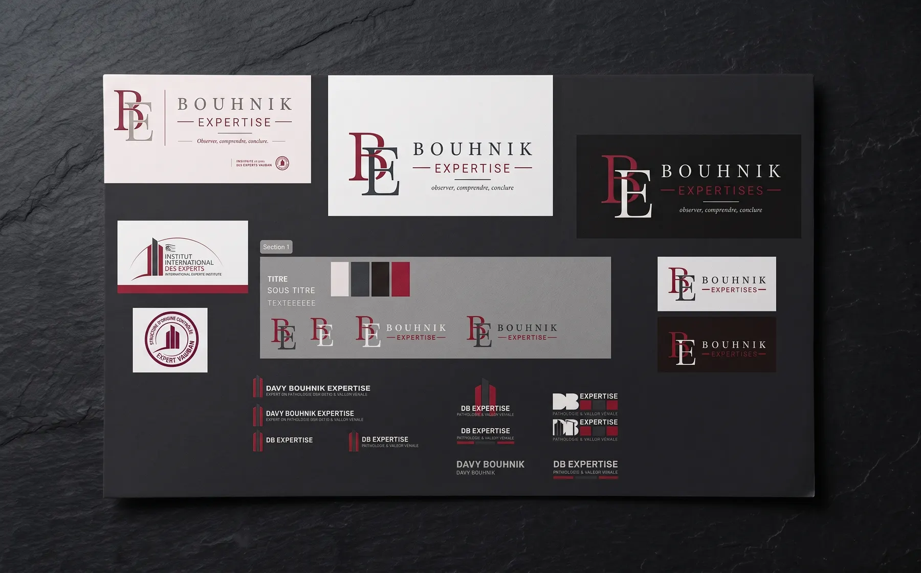 La planche d'identité de Bouhnik Expertises : monogramme BE, déclinaisons du logo sur fond clair et sombre, et la palette bordeaux, anthracite, blanc cassé et noir.